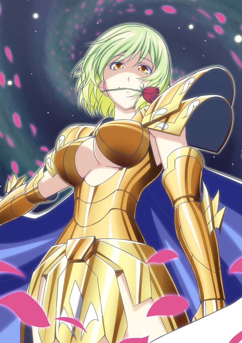 1girl, armor, breasts, cape, cleavage_cutout, clothing_cutout, cosplay, female_focus, flower, full_armor, gold_armor, green_hair, h-new, highres, kazami_yuuka, mouth_hold, petals, pisces_aphrodite, pisces_aphrodite_(cosplay), rose, saint_seiya, short_hair, solo, touhou, yellow_eyes