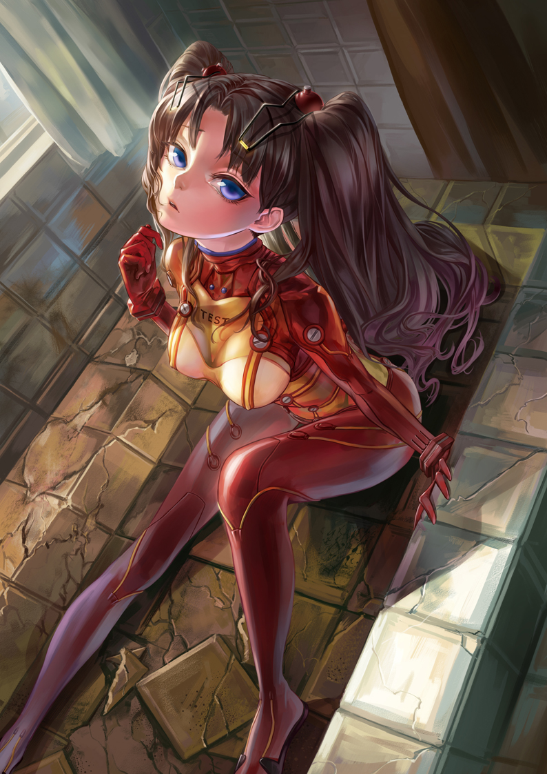 1girl, blue_eyes, bodysuit, breasts, brown_hair, cosplay, covered_erect_nipples, dutch_angle, evangelion:_2.0_you_can_(not)_advance, fate/stay_night, fate_(series), female_focus, hair_ornament, l.green, long_hair, long_legs, looking_at_viewer, looking_up, mecha_pilot_suit, neon_genesis_evangelion, plugsuit_(evangelion), rebuild_of_evangelion, sitting, solo, souryuu_asuka_langley, souryuu_asuka_langley_(cosplay), test_plugsuit_(evangelion), tiles, tohsaka_rin, trait_connection, twintails, two_side_up
