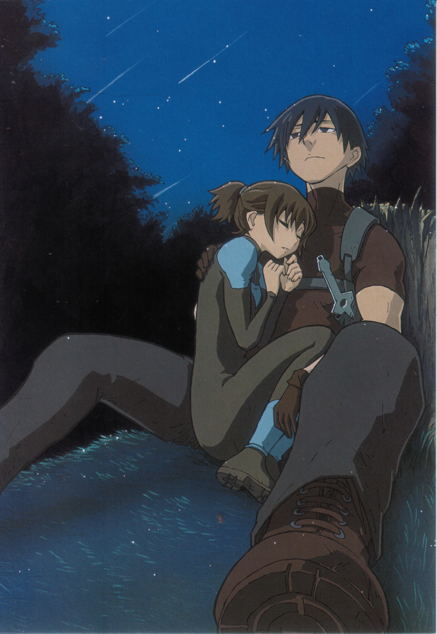 00s, 1boy, 1girl, absurdres, backpack, bag, bai_(darker_than_black), between_legs, blunt_bangs, bodysuit, brother_and_sister, brown_hair, darker_than_black, foreshortening, full_body, hei_(darker_than_black), hetero, highres, hug, iwahara_yuuji, loafers, long_sleeves, night, ponytail, scan, shoes, short_hair, siblings, sitting, sky, squatting, yuji_iwahara