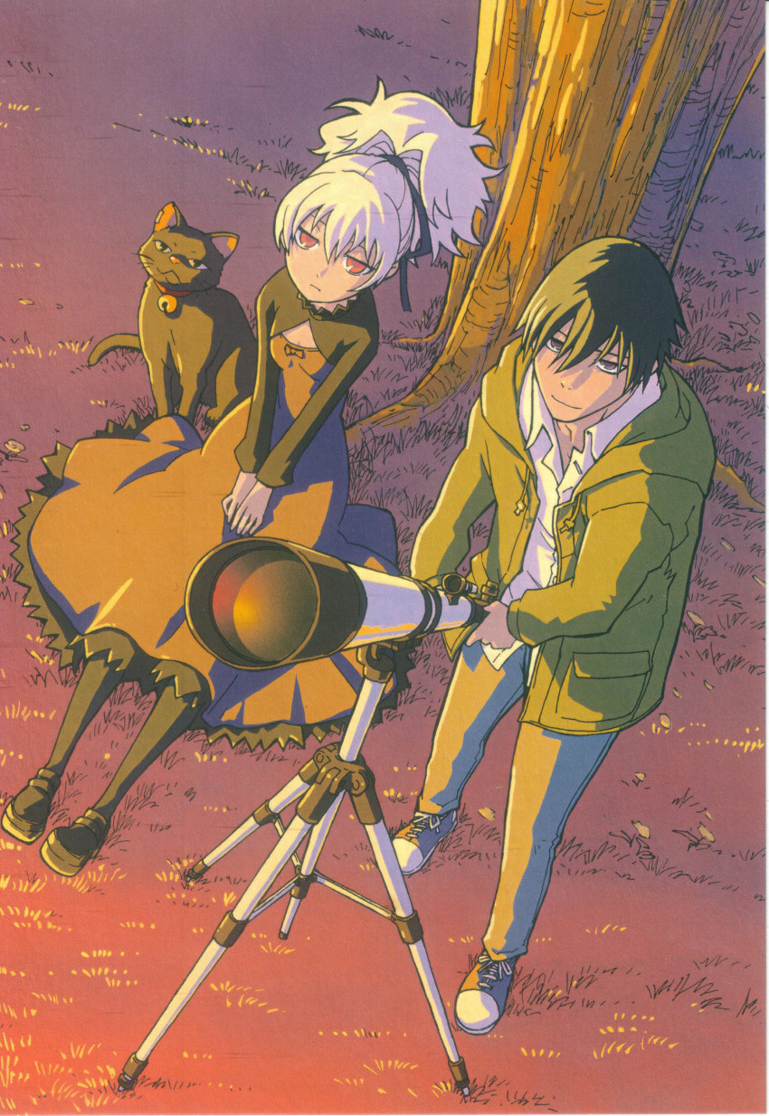 00s, 1boy, 1girl, absurdres, black_cat, black_hair, cat, darker_than_black