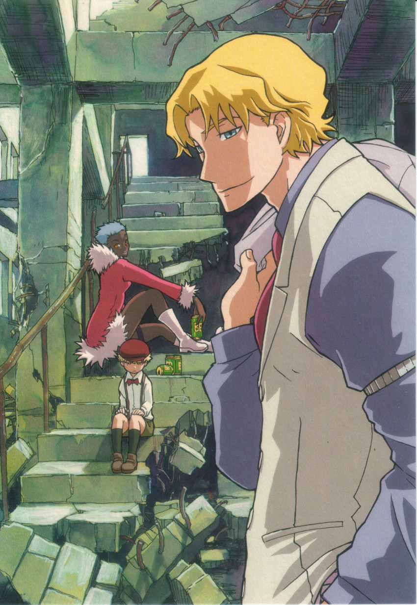 00s, 1girl, 2boys, absurdres, april_(darker_than_black), blonde_hair, blue_eyes, comic