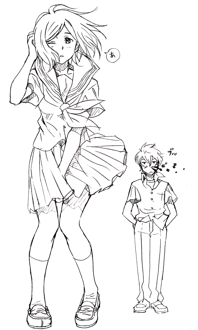 10s, 1boy, 1girl, bbb_(friskuser), blood, eba_kurako, greyscale, highres