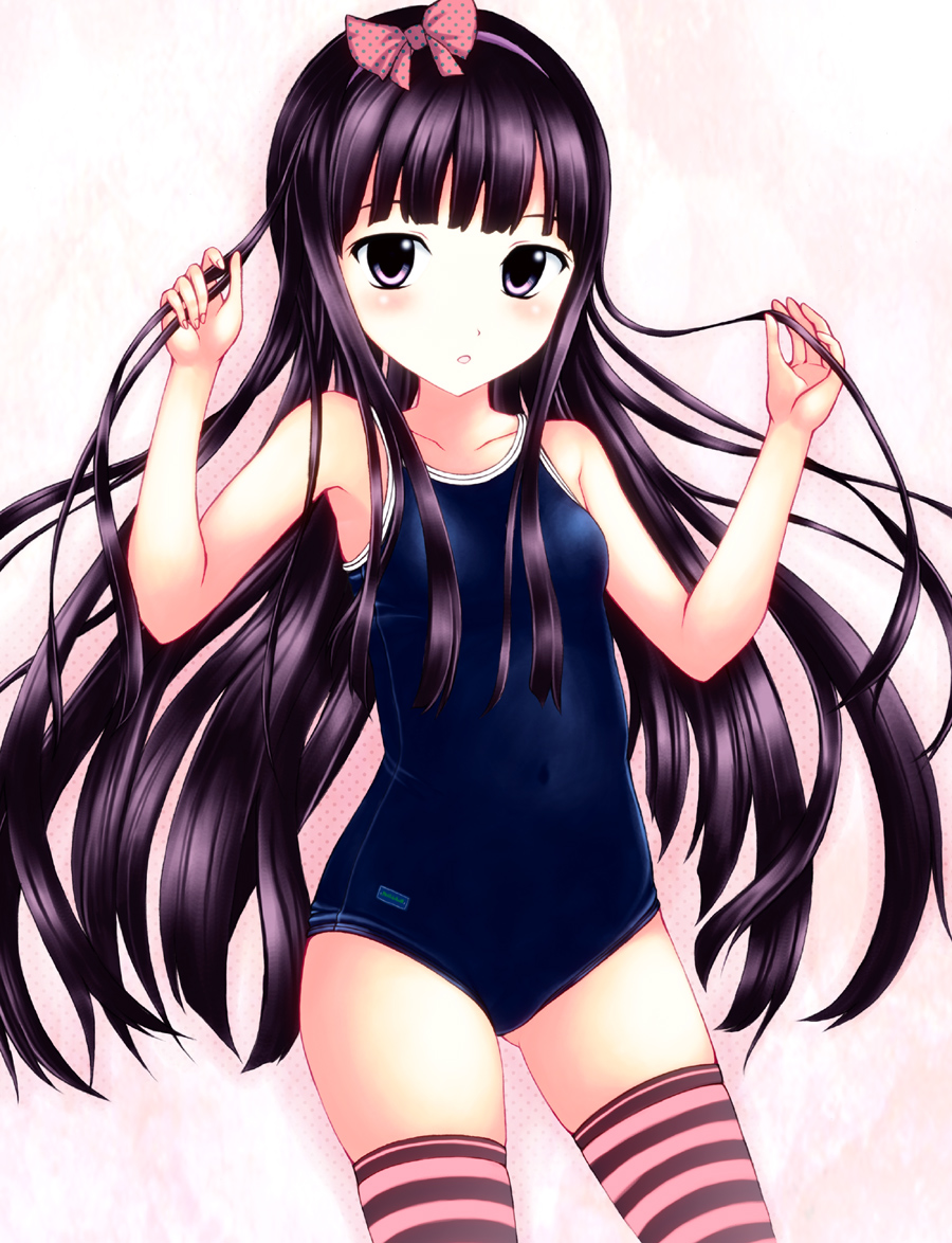 1girl, black_hair, brown_eyes, competition_school_swimsuit, female_focus, hairband, long_hair, neuron_(exceed)