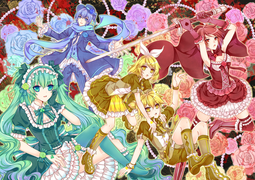 2boys, 3girls, asymmetrical_legwear, blonde_hair, blue_eyes, blue_hair, blue_scarf, bracelet