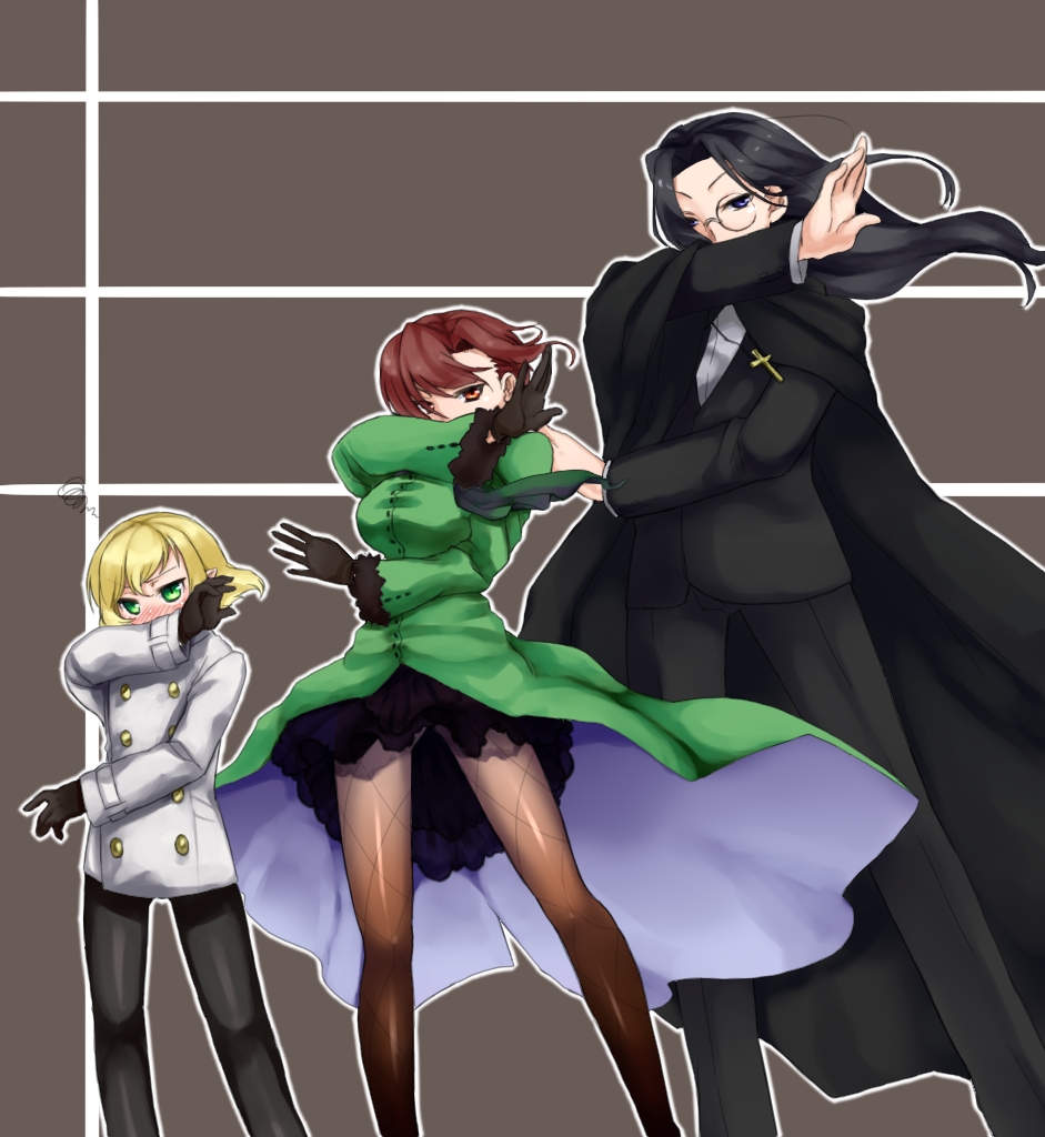 1girl, 2boys, aozaki_touko, aozaki_touko_(mahou_tsukai_no_yoru), bad_id, bad_pixiv_id, black_eyes, black_hair