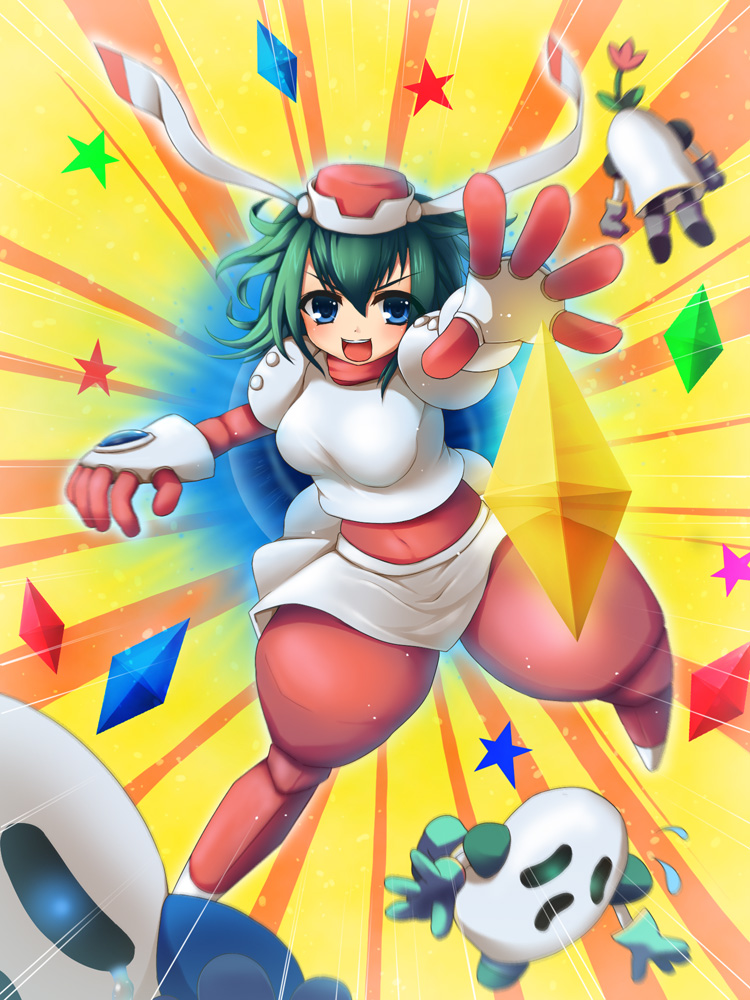 1girl, android, blue_eyes, full_body, ging_(tokushima), green_hair, hat, marina_liteyears, open_mouth, robot, short_hair, smile, yuke_yuke!!_trouble_makers