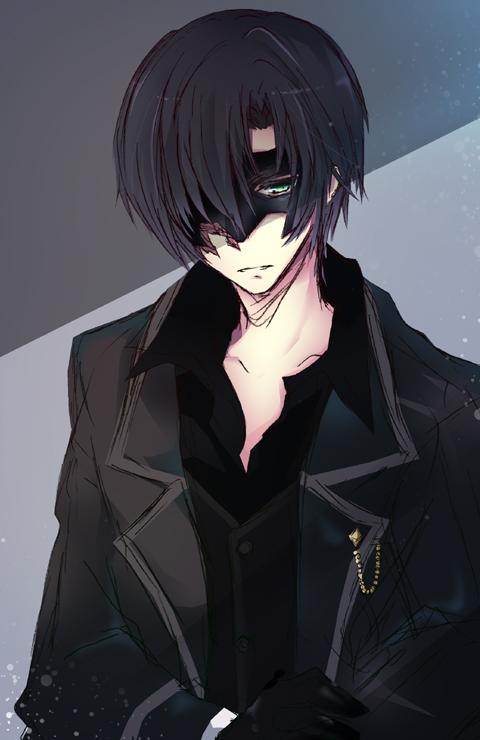 1boy, black_hair, coat, gloves, green_eyes, grey_background, houkiri_nemu, male_focus