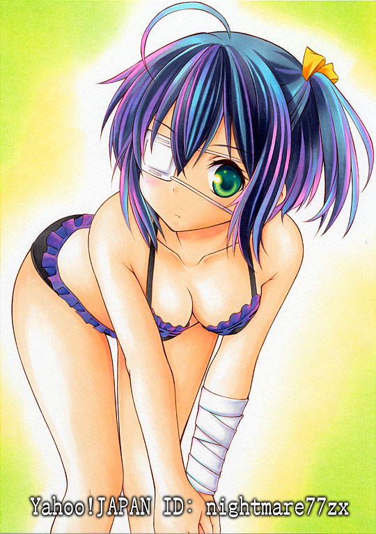 10s, 1girl, ahoge, bandages, bikini, blue_hair, breasts, chuunibyou_demo_koi_ga_shitai!