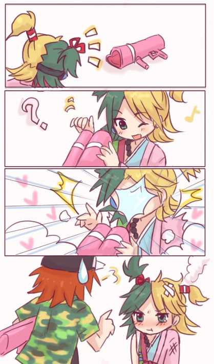 1girl, 2boys, 4koma, :t, ;o, ?, ^^^, androgynous