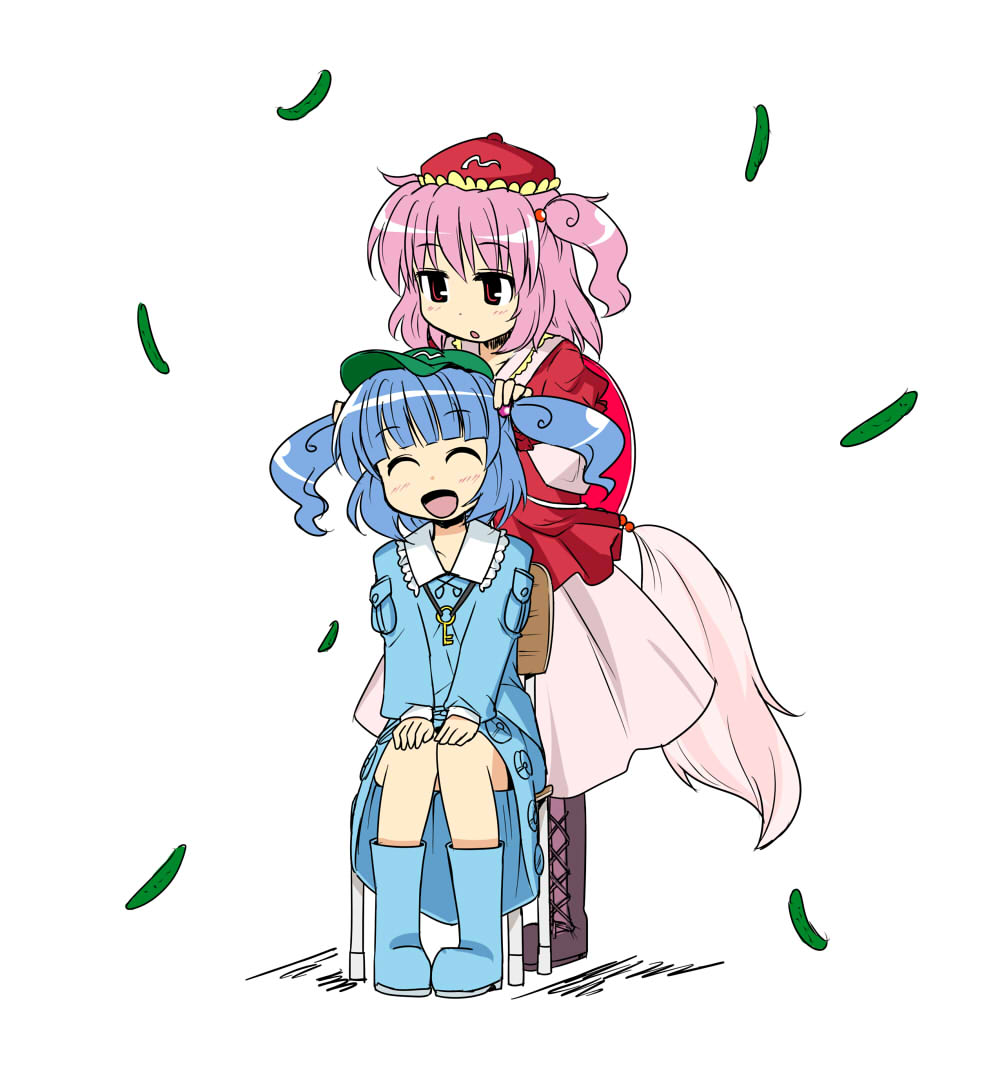 2girls, :d, :o, blue_hair, blush, boots, closed_eyes, cucumber
