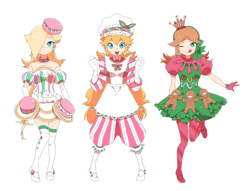 3girls, alternate_costume, apron, aqua_eyes, bare_shoulders, blonde_hair, blue_eyes, blush, bow, breasts, brown_hair, christmas, cookie, crown, dress, earrings, female_focus, food, food-themed_clothes, full_body, gloves, green_eyes, hair_bow, hair_over_one_eye, hairband, hat, hat_bow, jewelry, long_hair, macaroon, mario_(series), mary_janes, multiple_girls, nintendo, open_mouth, princess, princess_daisy, princess_peach, red_legwear, riomario, rosalina, shoes, shorts, simple_background, striped_legwear, super_mario_bros._1, super_mario_galaxy, super_mario_land, thighhighs, very_long_hair, white_background, white_gloves, white_legwear, zettai_ryouiki