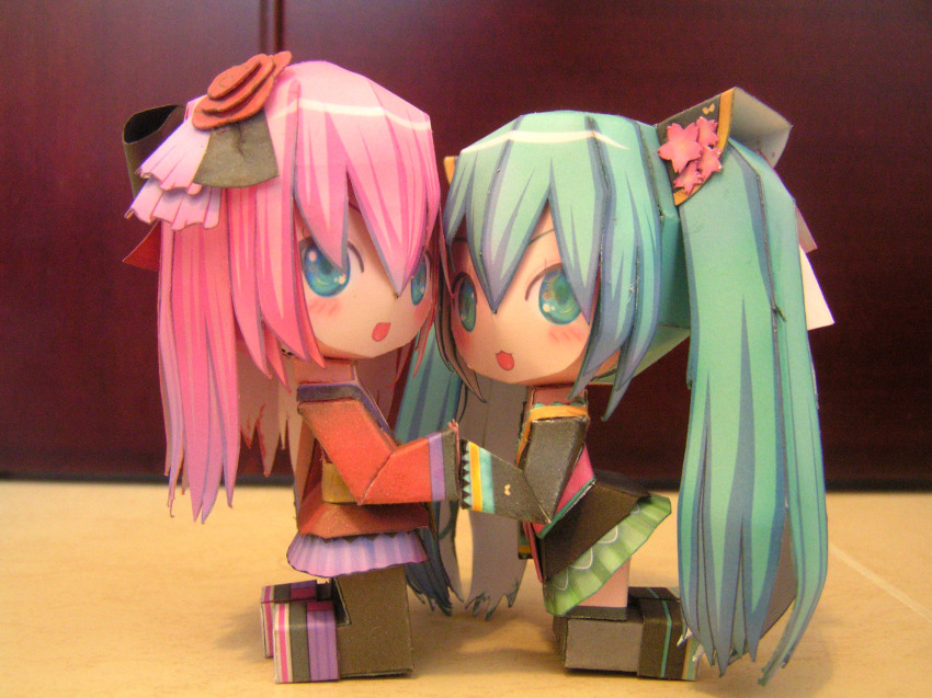 2girls, :3, aqua_eyes, blush, chibi, green_eyes, green_hair, hatsune_miku
