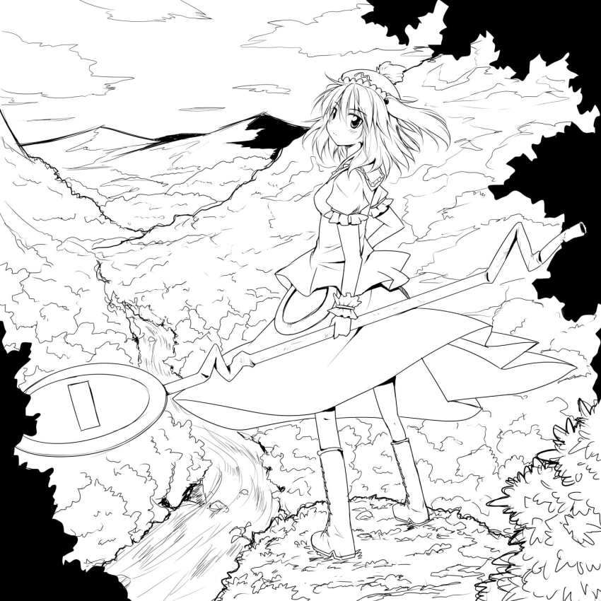 1girl, female_focus, greyscale, hat, highres, kawashiro_mitori, monochrome, naegi_(naegidokoro), nibiqn, short_hair, solo, touhou