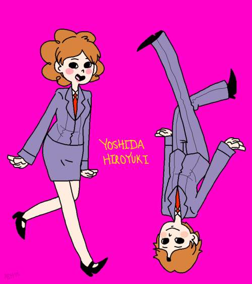 androgynous, brown_hair, dual_persona, formal_clothes, gender_request, hourou_musuko, long_hair, necktie