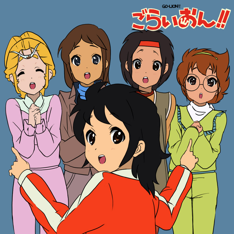 1980s_(style), 1girl, 4boys, black_eyes, black_hair, blonde_hair, blue_background, brown_eyes