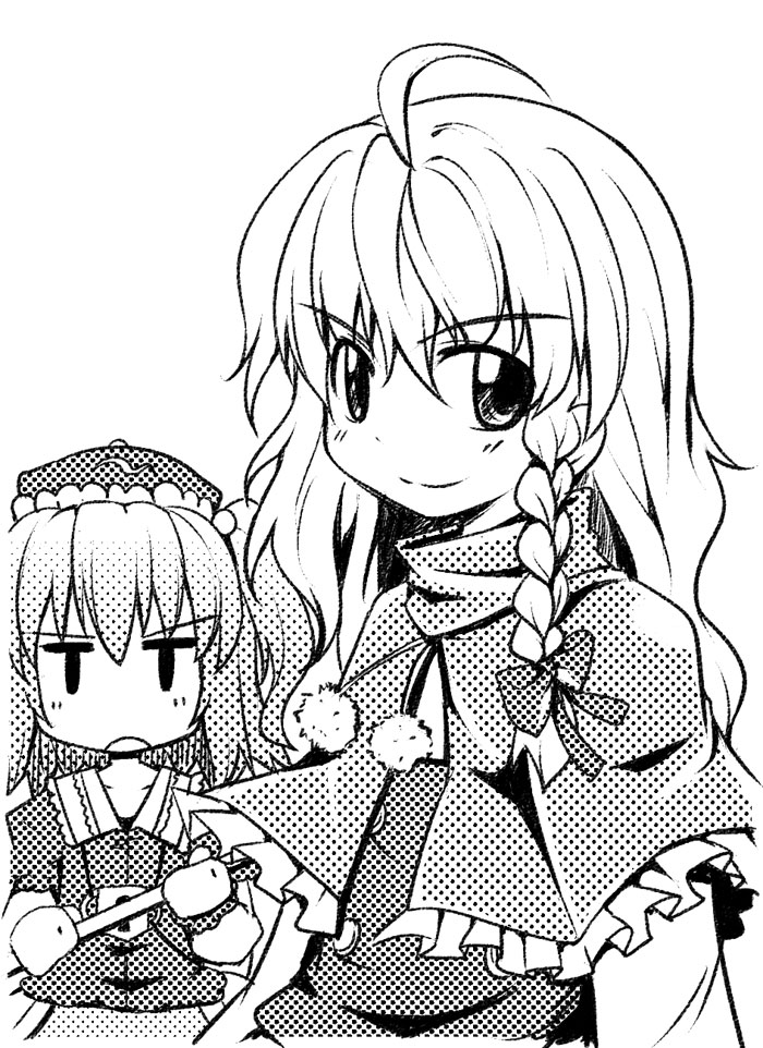 2girls, ahoge, bow, braid, capelet, closed_mouth, eyebrows, female_focus