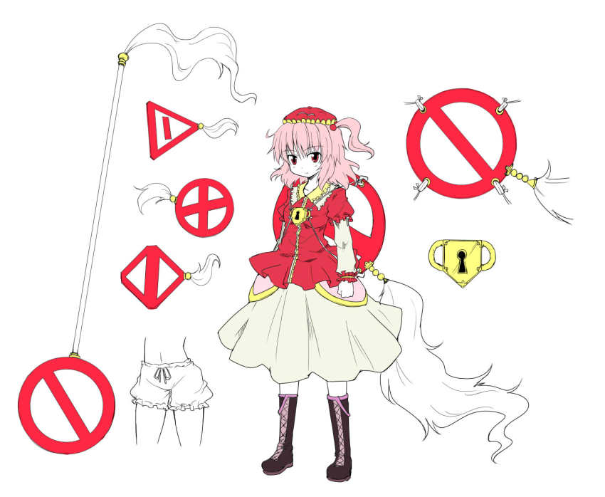 1girl, bloomers, boots, female_focus, full_body, highres, kawashiro_mitori, lace-up_boots, layered_sleeves, lock, meme, miniskirt, naegi_(naegidokoro), nibiqn, original, pink_hair, road_closed_sign, road_closed_to_all_sign, road_closed_to_vehicles_sign, road_sign, simple_background, skirt, solo, staff, standing, tagme, touhou, underwear, white_background