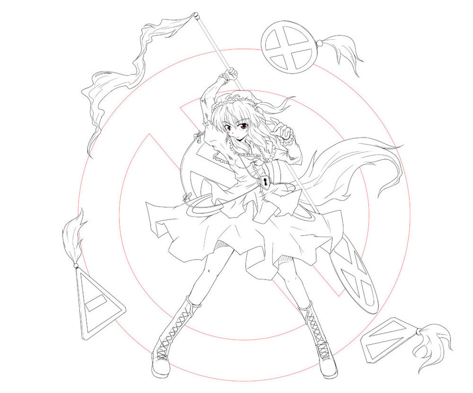 1girl, boots, female_focus, full_body, kawashiro_mitori, lace-up_boots, lineart, lock, looking_at_viewer, miniskirt, monochrome, naegi_(naegidokoro), nibiqn, road_closed_sign, road_closed_to_all_sign, simple_background, skirt, solo, spot_color, standing, tagme, touhou, white_background