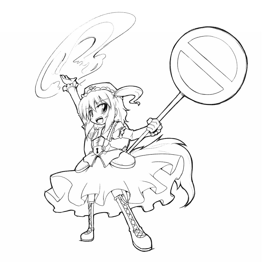 1girl, boots, female_focus, full_body, greyscale, happy, kawashiro_mitori, lace-up_boots