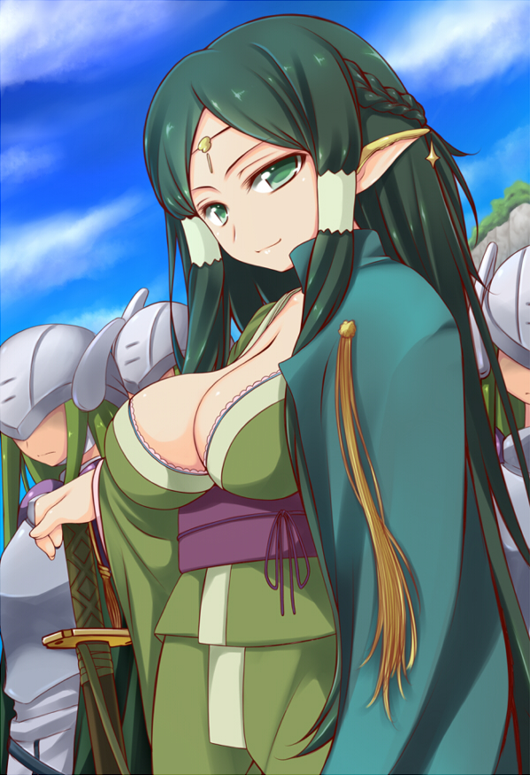 10s, 1girl, bad_id, bad_pixiv_id, breasts, cleavage, cloak, green_eyes