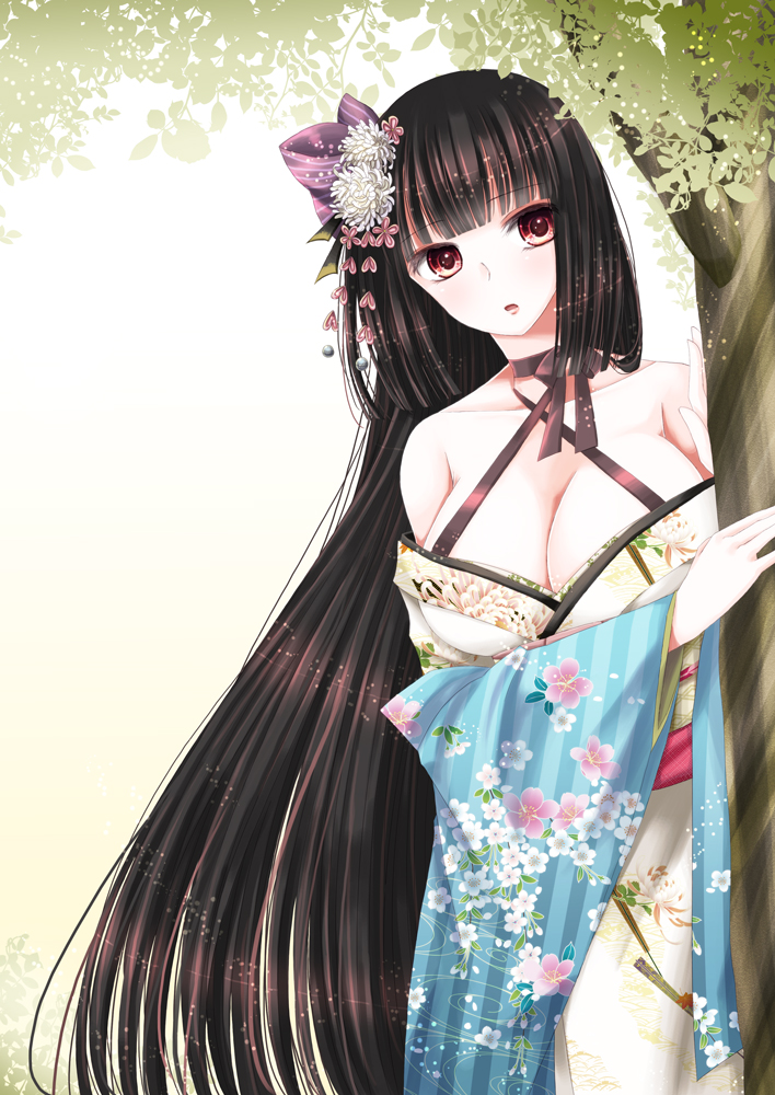 1girl, bare_shoulders, black_hair, breasts, brown_eyes, cleavage, female_focus, flower