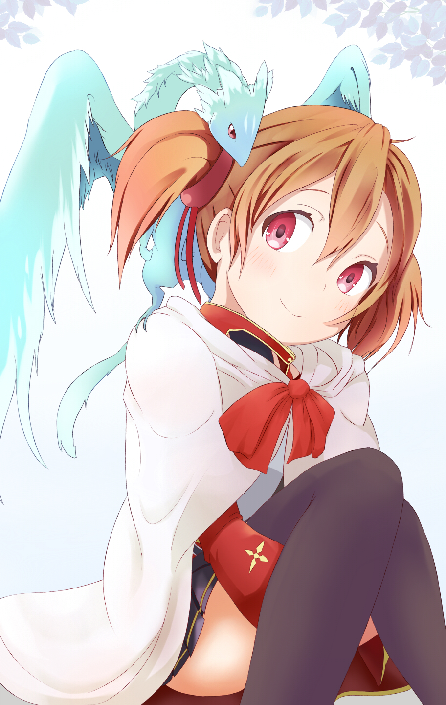 10s, 1girl, animal, black_thighhighs, blush, brown_hair, cape, female_focus