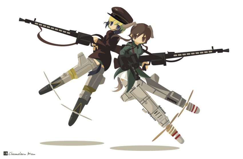 2girls, animal_ears, back-to-back, bad_id, bad_pixiv_id, blonde_hair, blue_eyes, brown_eyes