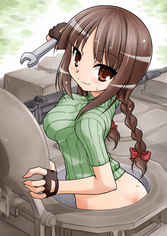 1girl, akou_roushi, blush, bottomless, bow, braid, breasts, brown_eyes