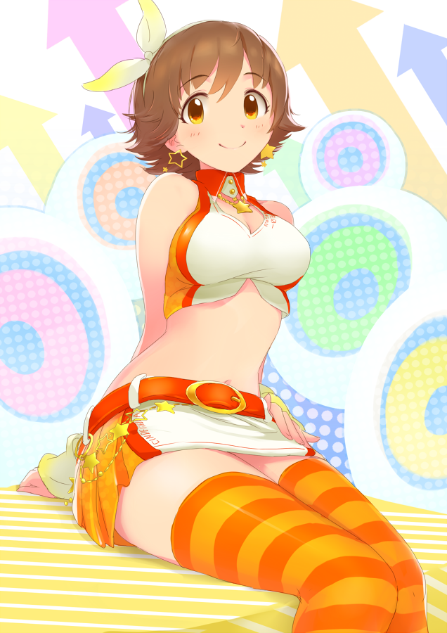 10s, 1girl, arrow_(symbol), bare_shoulders, belt, blush, breasts, brown_eyes