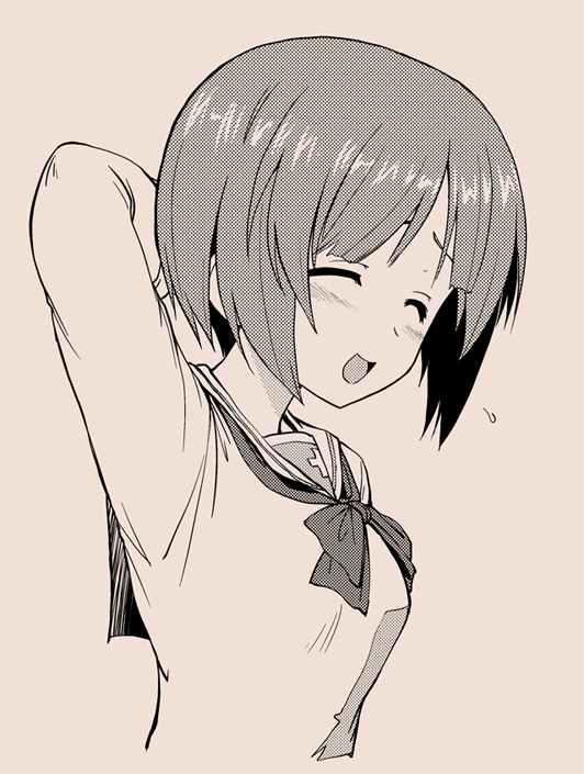 10s, 1girl, arm_behind_head, blouse, blush, bow, bowtie, closed_eyes