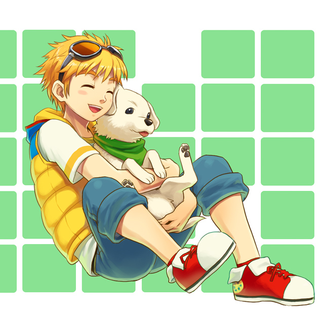 1boy, bad_id, bad_pixiv_id, blonde_hair, bokujou_monogatari, bokujou_monogatari:_hajimari_no_daichi, dog, closed_eyes