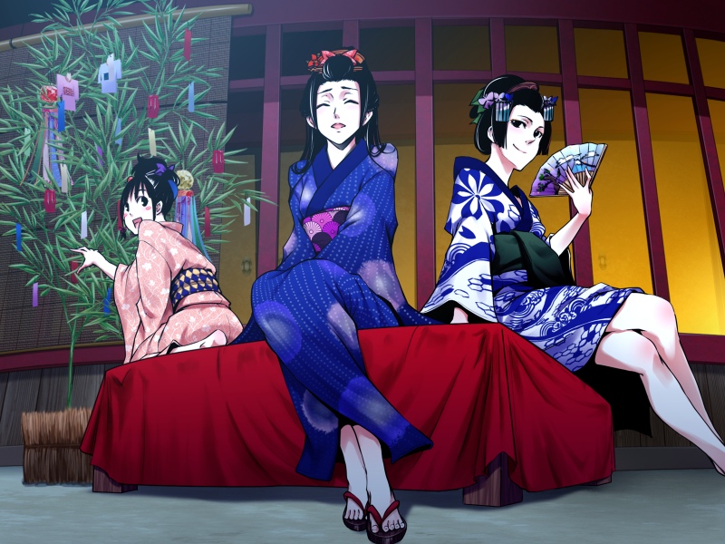 3girls, amane_(oiran_rouge), black_hair, hand_fan, feet, geisha, hisasa, japanese_clothes, kimono, legs, crossed_legs, liar-soft, maybe, multiple_girls, oiran_rouge, sandals, sitting, smile, soles, tamakoto, toes, tree