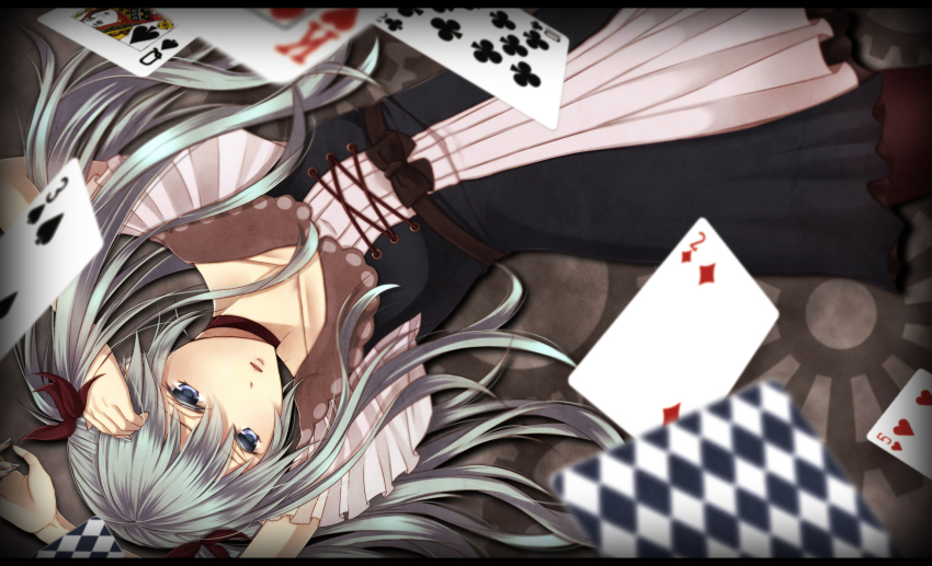 1girl, bad_id, bad_pixiv_id, blue_eyes, card, choker, dress, female_focus