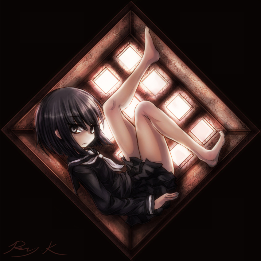 1girl, bare_legs, barefoot, black_hair, female_focus, grey_eyes, highres, looking_at_viewer