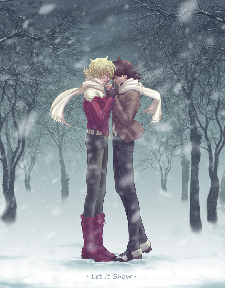 10s, 2boys, b_ribbon, bare_tree, barnaby_brooks_jr., blonde_hair, boots, breath