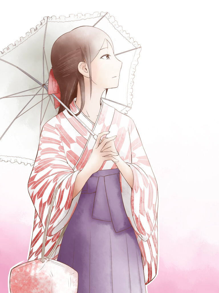 1girl, arrow_print, bag, black_eyes, bocchan_(novel), brown_hair, female_focus, frills, gradient_background, hair_ribbon, hakama, hakama_skirt, japanese_clothes, long_hair, looking_up, madonna_(bocchan), meiji_schoolgirl_uniform, ribbon, simple_background, skirt, solo, umbrella, yagasuri, yoekosukii