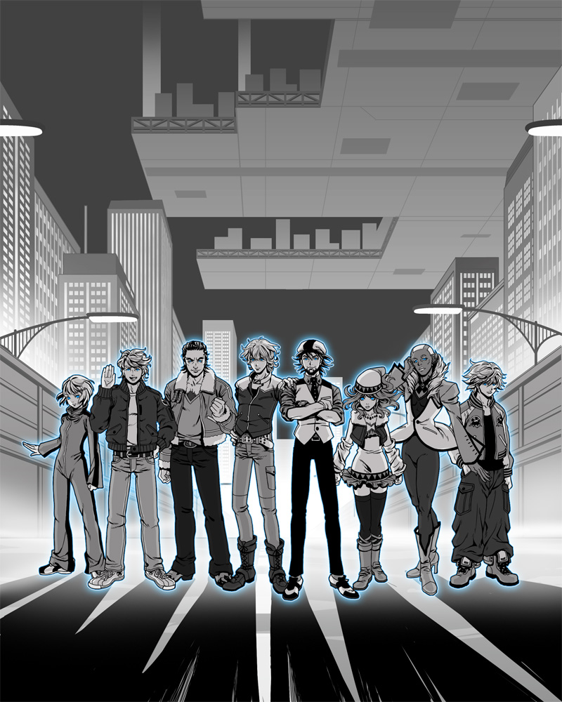 10s, 2girls, 6+boys, antonio_lopez, b_ribbon, barnaby_brooks_jr., glowing, huang_pao-lin, ivan_karelin, jacket, kaburagi_t._kotetsu, karina_lyle, keith_goodman, lineup, multiple_boys, multiple_girls, nathan_seymour, sbr, spot_color, tiger_&amp;_bunny