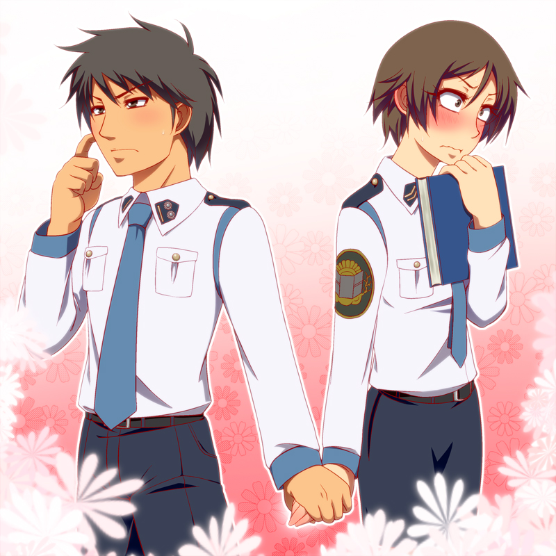 1boy, 1girl, androgynous, bad_id, bad_pixiv_id, belt, black_hair, blush