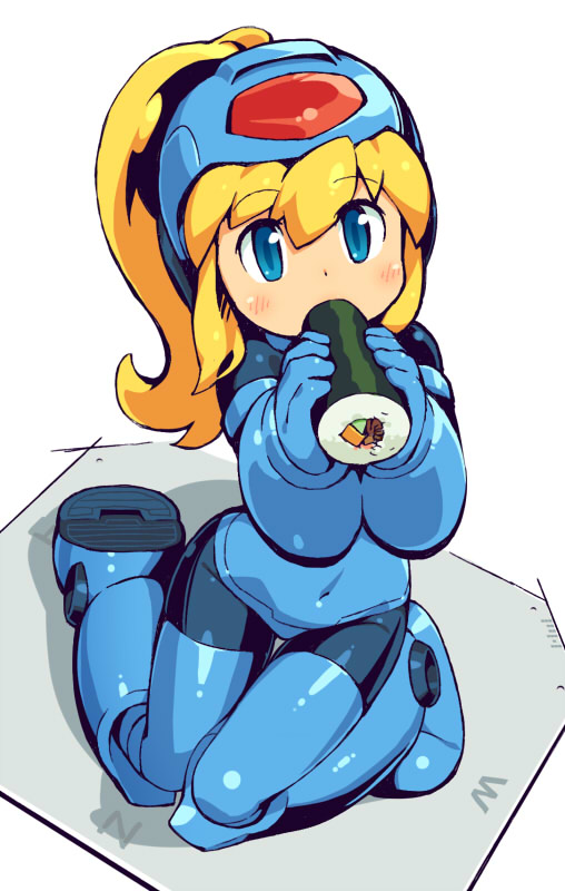 1girl, android, blonde_hair, blue_eyes, blush, bodysuit, capcom, female_focus, food, helmet, holding, long_hair, makizushi, mega_man_(classic), mega_man_(series), om_(nk2007), ponytail, rokko-chan, rokko-chan_(character), rokkochan, rokkochan_(game), roll_(mega_man), sitting, solo, sushi