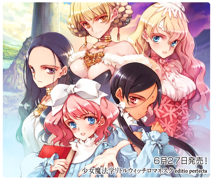 5girls, :d, aria_vancleef, bare_shoulders, black_hair, blonde_hair, blue_eyes, blush