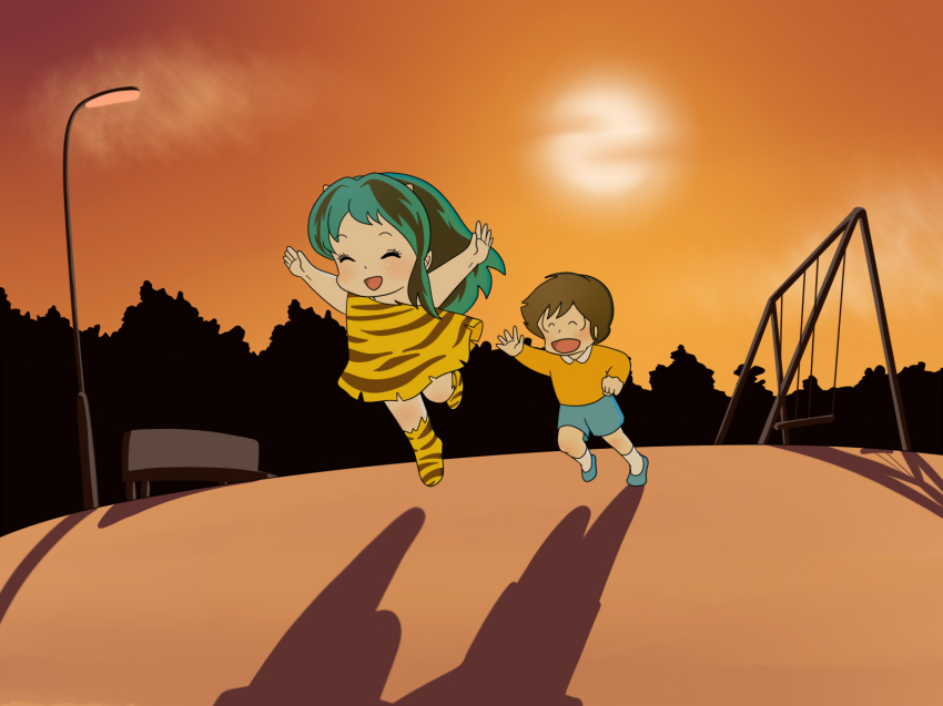 1boy, 1girl, alternate_costume, bench, brown_hair, child, closed_eyes, green_hair