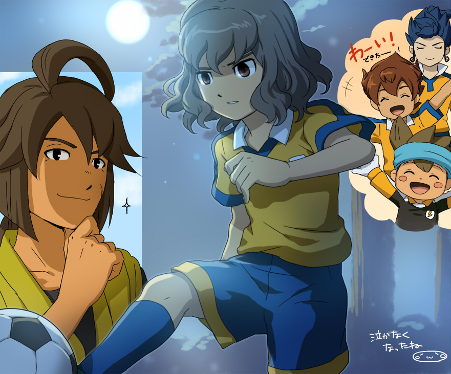 5boys, bad_id, bad_pixiv_id, ball, blue_hair, blush_stickers, brown_hair, closed_eyes