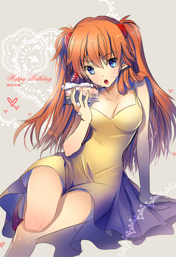 1girl, 2012, :o, arnoul, blue_eyes, blush, breasts, cake, cleavage, dated, dress, eating, female_focus, food, fruit, hair_ornament, happy_birthday, heart, long_hair, medium_breasts, neon_genesis_evangelion, orange_hair, sitting, solo, souryuu_asuka_langley, strawberry, yellow_dress