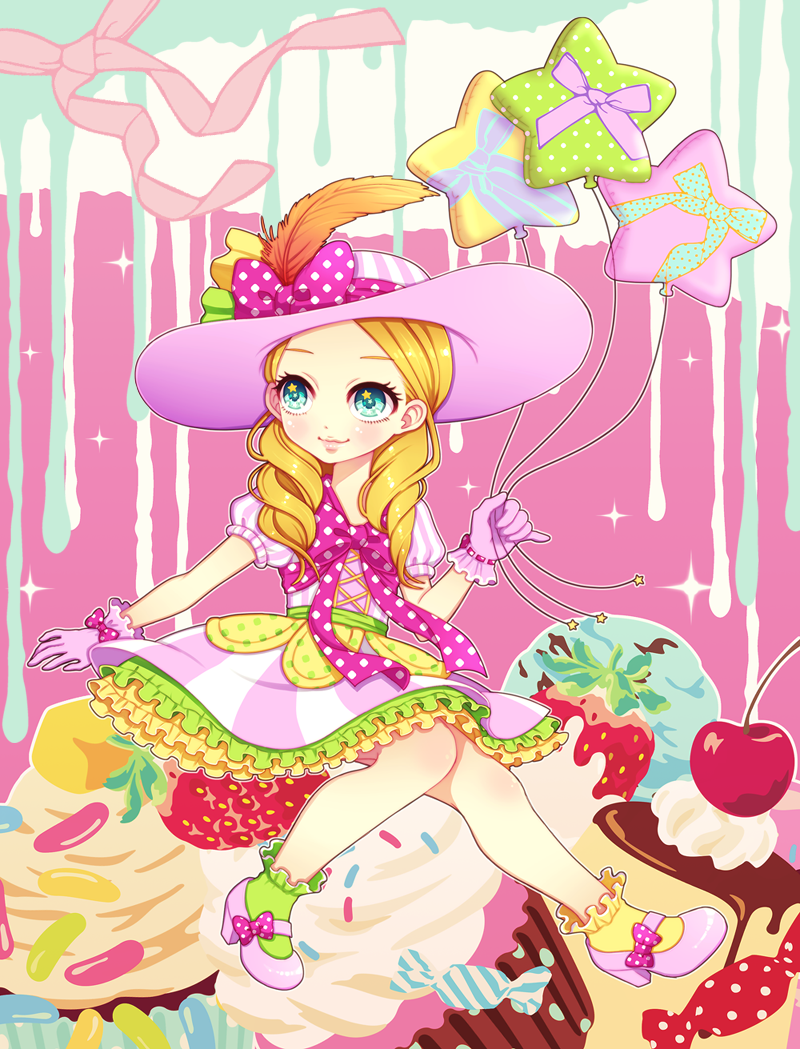 10s, aqua_eyes, balloon, blonde_hair, dessert, dress, drill_hair, food