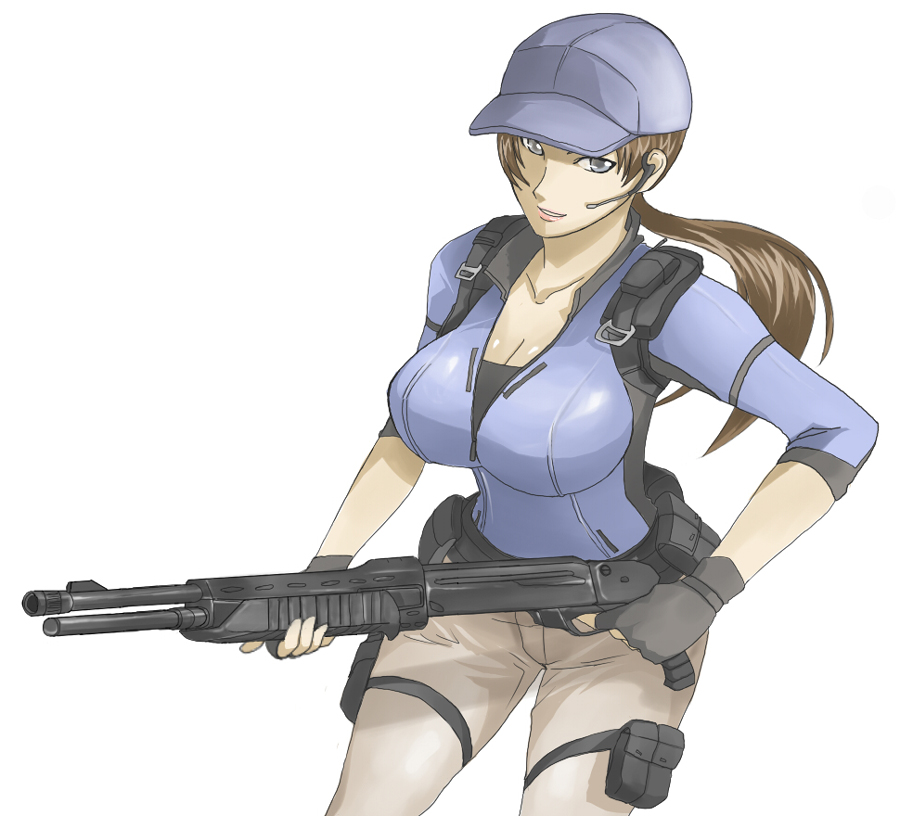 1girl, breasts, brown_hair, cleavage, dual-mode_shotgun, female_focus, finger_on_trigger, fingerless_gloves
