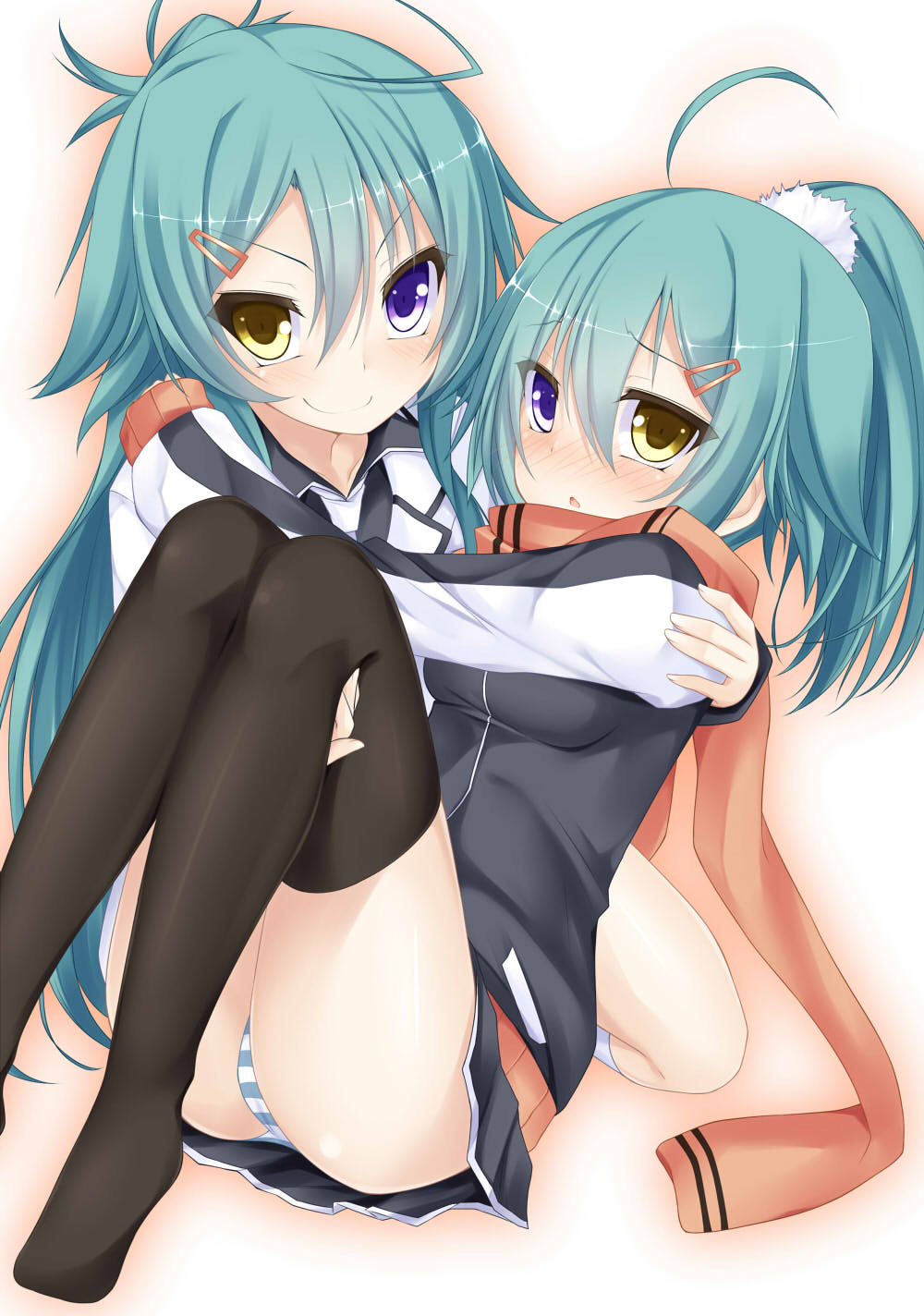 2girls, aqua_hair, black_legwear, blue_hair, blush, breasts, carrying, heterochromia
