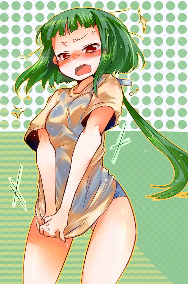 00s, 1girl, androgynous, bad_id, bad_pixiv_id, blush, fang, female_focus, green_hair, long_hair, my-hime, okuzaki_akira, open_mouth, red_eyes, reverse_trap, school_swimsuit, shirt, solo, spoilers, swimsuit, takamura, wet, wet_clothes, wet_shirt