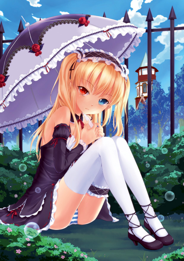 10s, 1girl, bare_shoulders, blonde_hair, blue_eyes, boku_wa_tomodachi_ga_sukunai, bubble, child