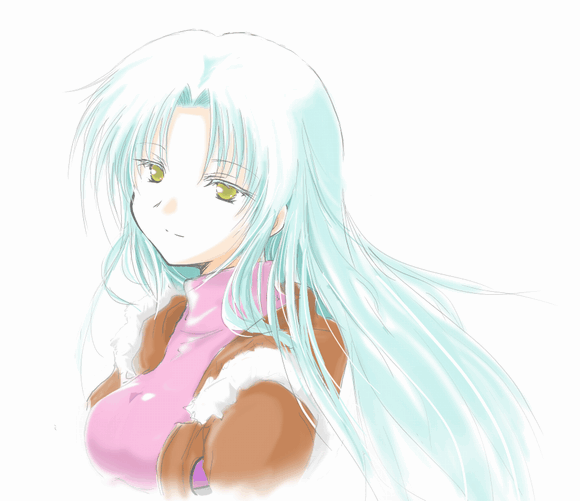 1girl, aqua_hair, banpresto, blue_hair, glacies, inukeru, jacket, long_hair, smile, super_robot_wars, super_robot_wars_destiny, yellow_eyes