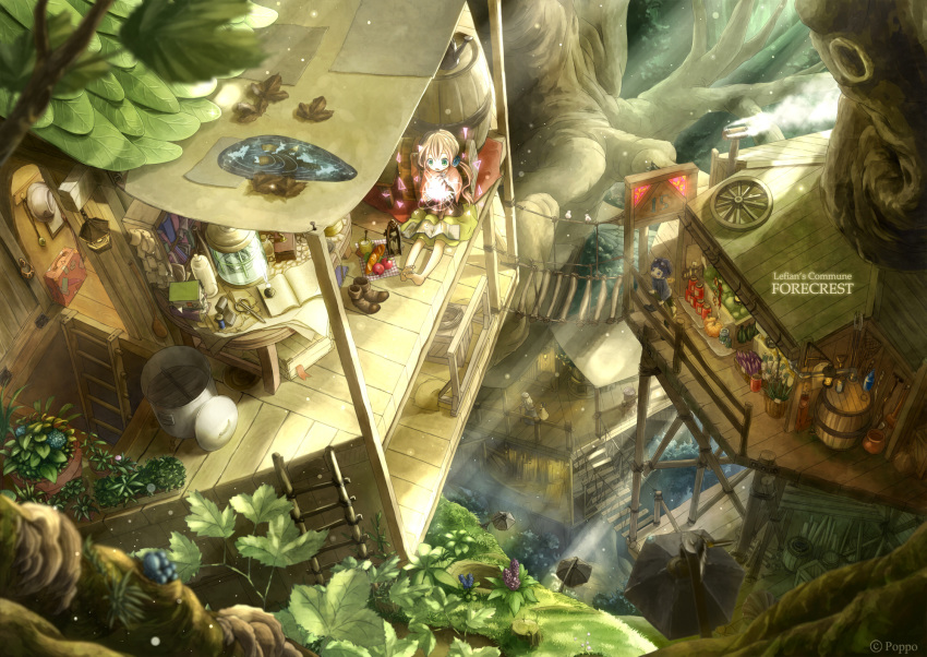 1boy, 1girl, barcelona88fly, barrel, bird, blonde_hair, blue_eyes, book, bridge, flower, food, fruit, green_eyes, highres, ladder, lamppost, leaf, long_hair, magic, open_mouth, original, plant, poppo_sutchy, scenery, short_hair, sitting, skirt, smile, sunlight, tree, treehouse, twintails